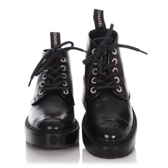 Chanel Shiny Calfskin Pearl Lace Combat Boots - Picture 1 of 8